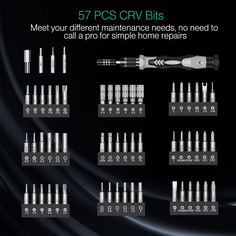 ORIA 61 in 1 Precision Screwdriver Set with 57 Bits, Magnetic Screwdriver Kit, Portable Repair Tool Kit for Smartphone, PC, Watch, Toys - Includes Extension and Flexible Rod, Black - Image 2